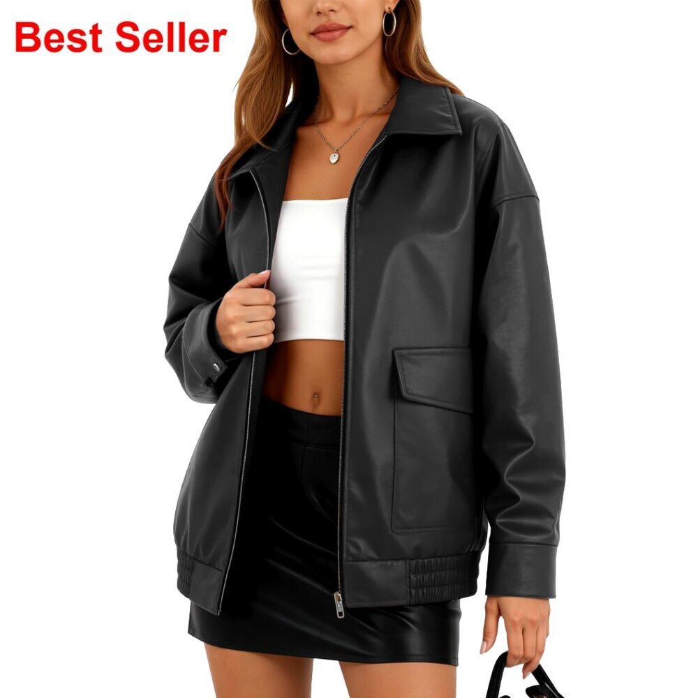 Oversized Faux Leather Motorcycle Jacket with Double Pockets